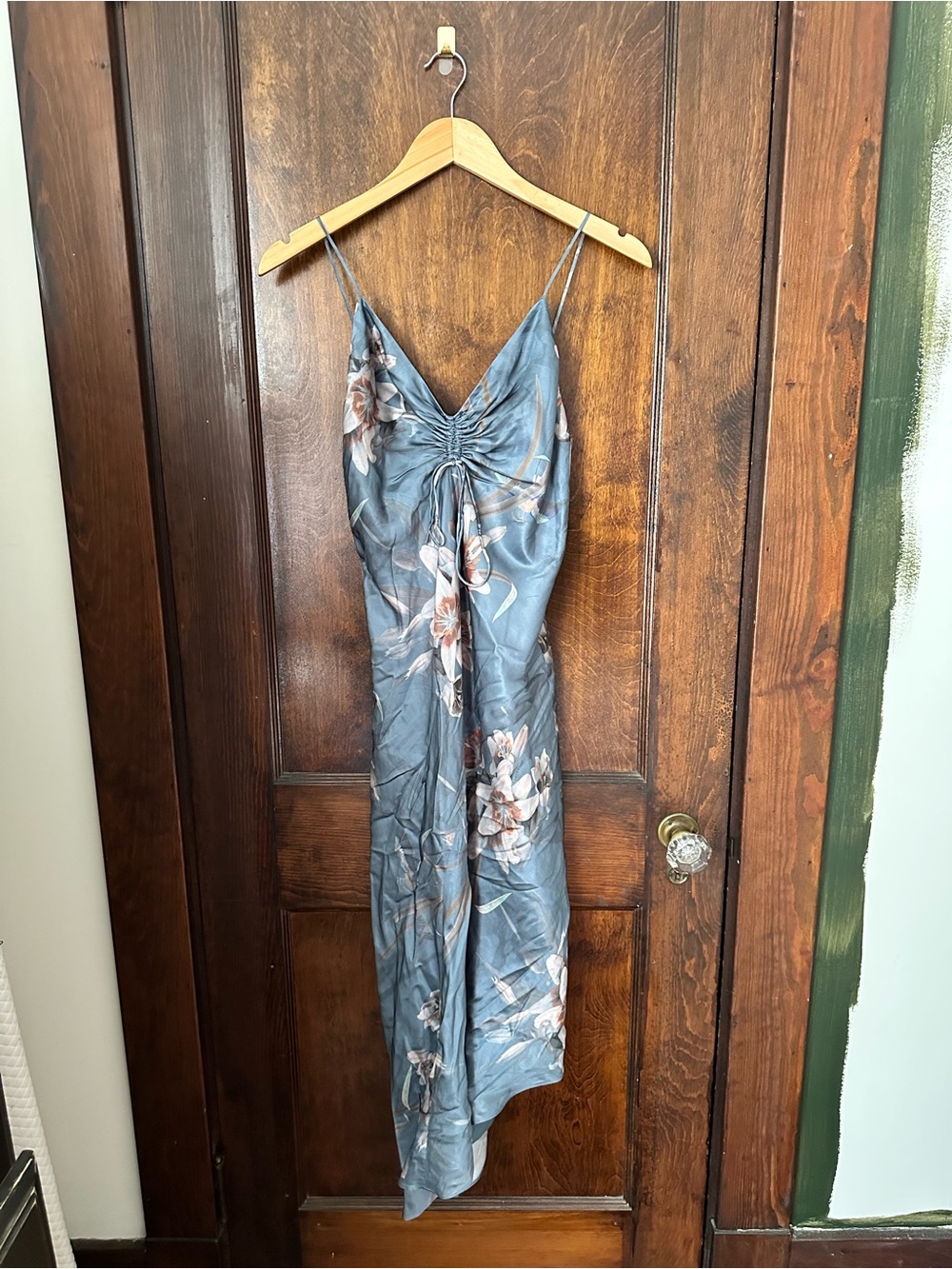 All Saints Blue Floral Ruched Slip Dress